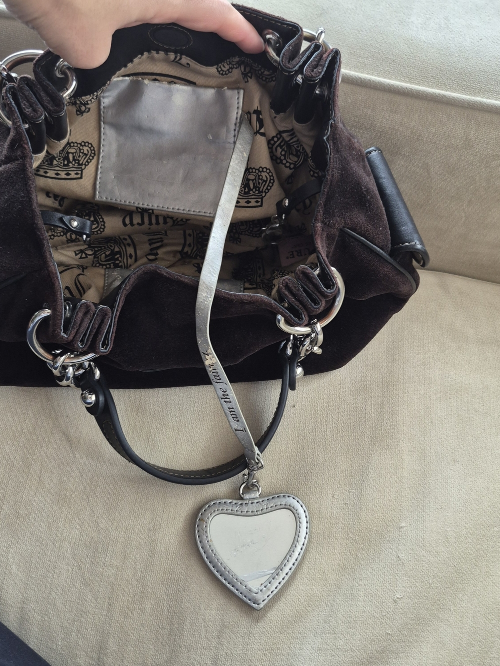 Vintage Juicy Couture Daydreamer Velour Tote Bag Brown Y2K Silver Crest Heart - Picture 14 of 17